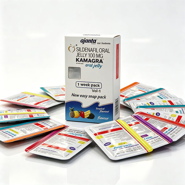 泰國果凍Kamagra Oral Jelly 100mg 外包裝盒正面 - 7種口味 印度Ajanta製藥