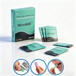 雙效綠膜口溶膜 Nirvalab 鋁箔獨立包裝與單片口溶膜特寫 - 3秒速溶雙效犀利士